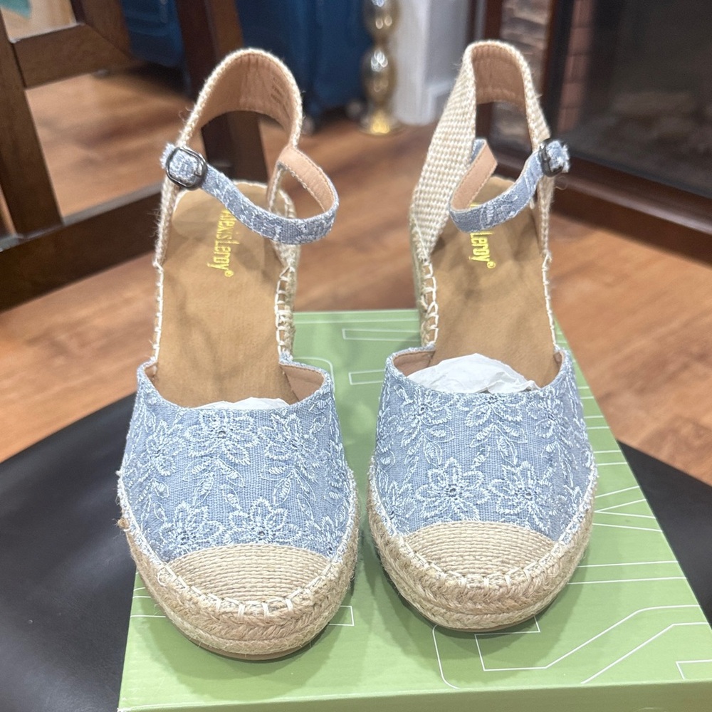 Women's Light Blue Lace Espadrille Wedge Sandals with Ankle Strap